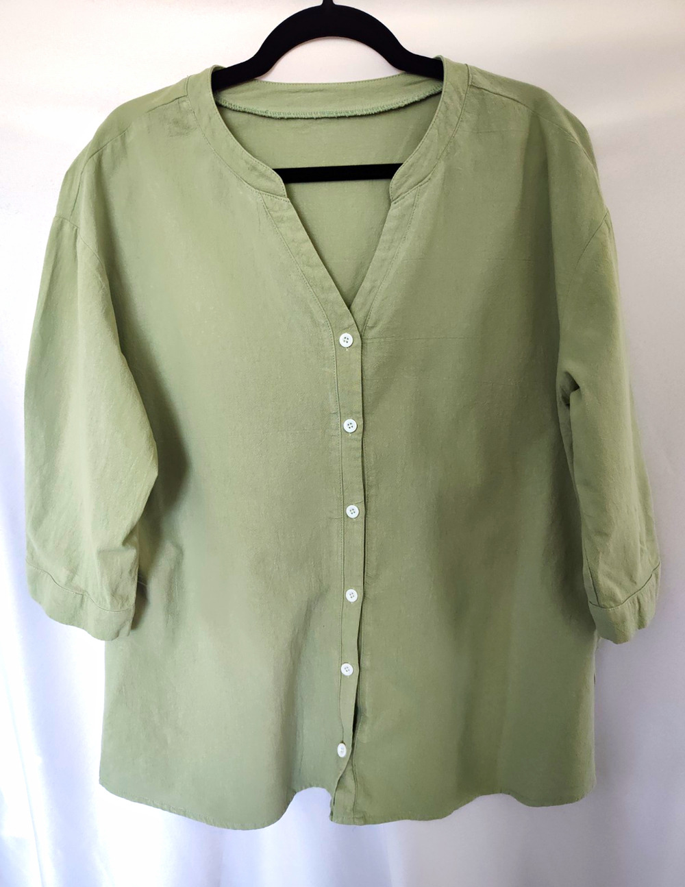 Sage Green Cotton Linen Solid Woven Button Front V-Neck 3/4 Sleeve Blouse L